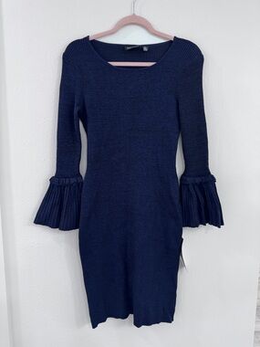 Nina Leonard Navy Blue Ribbed Knit Dress NWT Bell Sleeve Ruffle Size S